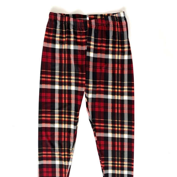 Red Black Plaid Leggings Stretch Pants - Picture 2 of 4